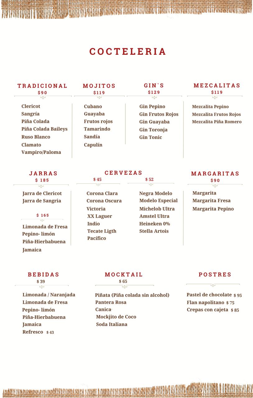 Menú página 3: coctelería, mojitos, gins, mezcalitas, jarras, cervezas, margaritas, bebidas, mocktails y postres, con precios.